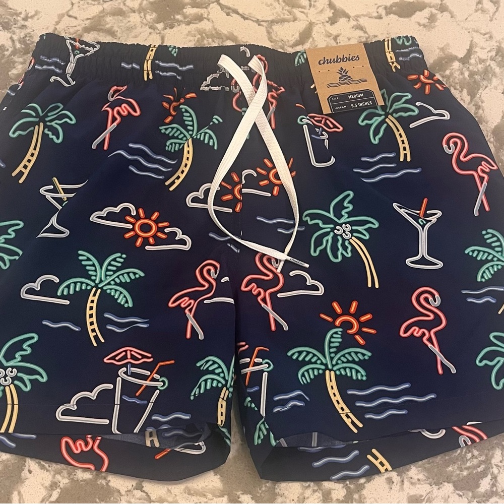 Chubbies Men's Navy Swim Trunks with Neon Tropical Design men’s medium swim